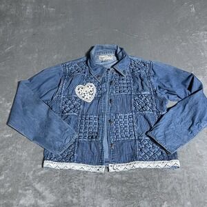 Vintage New Direction Jacket Womens‎ Small Button Denim Woven Lace Detail Heart